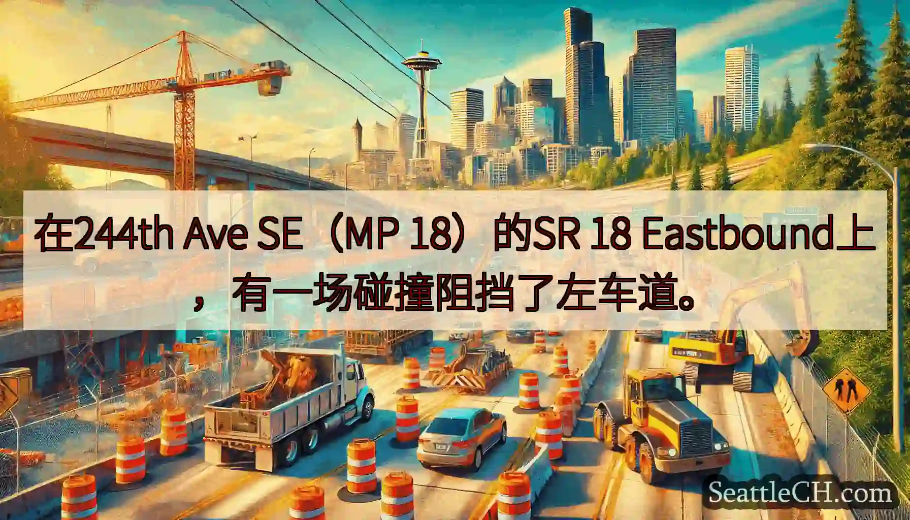 在244th Ave SE（MP 18）的SR 18 Eastbound上，有一场碰撞阻挡了左车道。