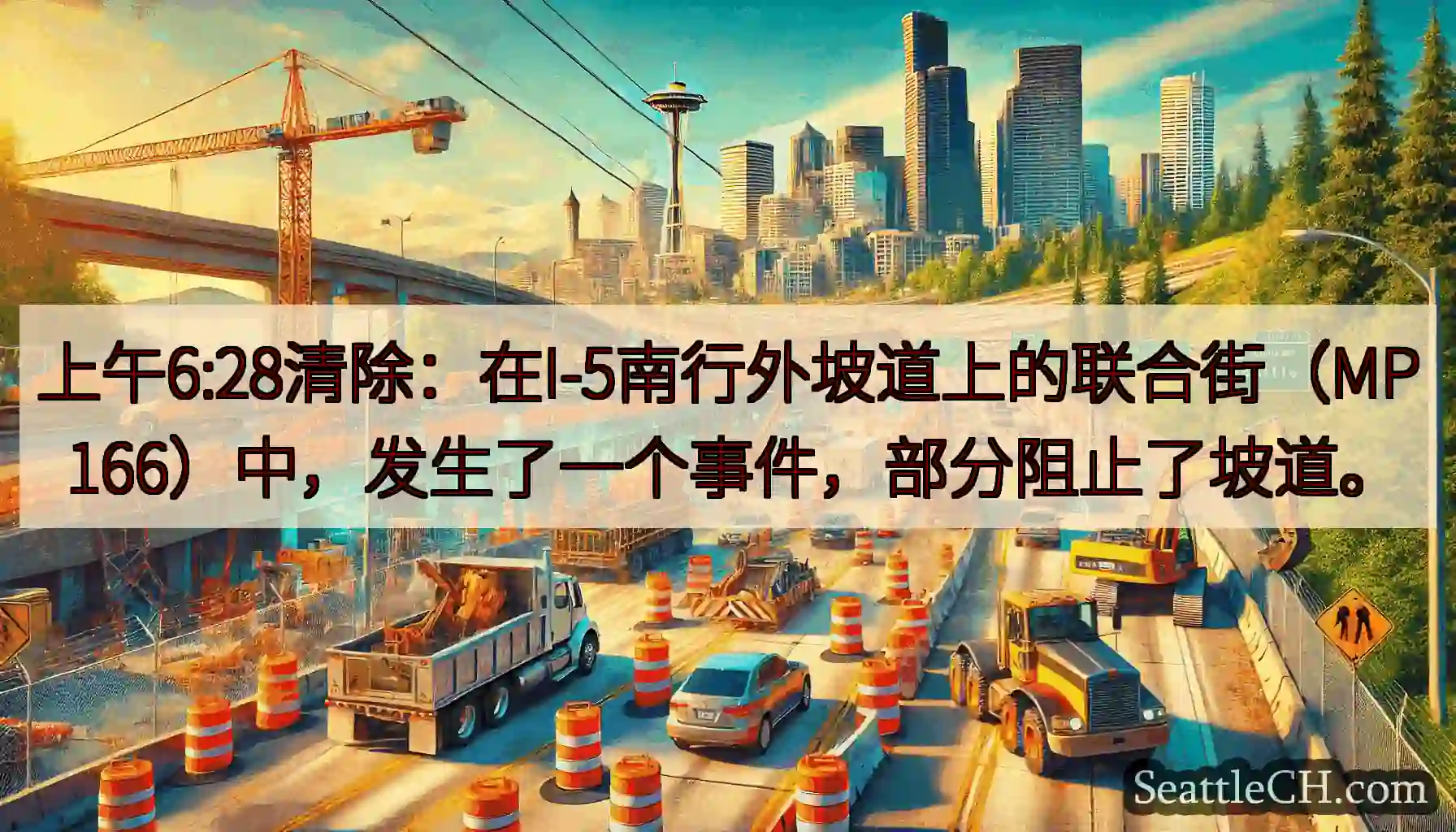 上午6:28清除：在I-5南行外坡道上的联合街（MP 166）中，发生了一个事件，部分阻止了坡道。