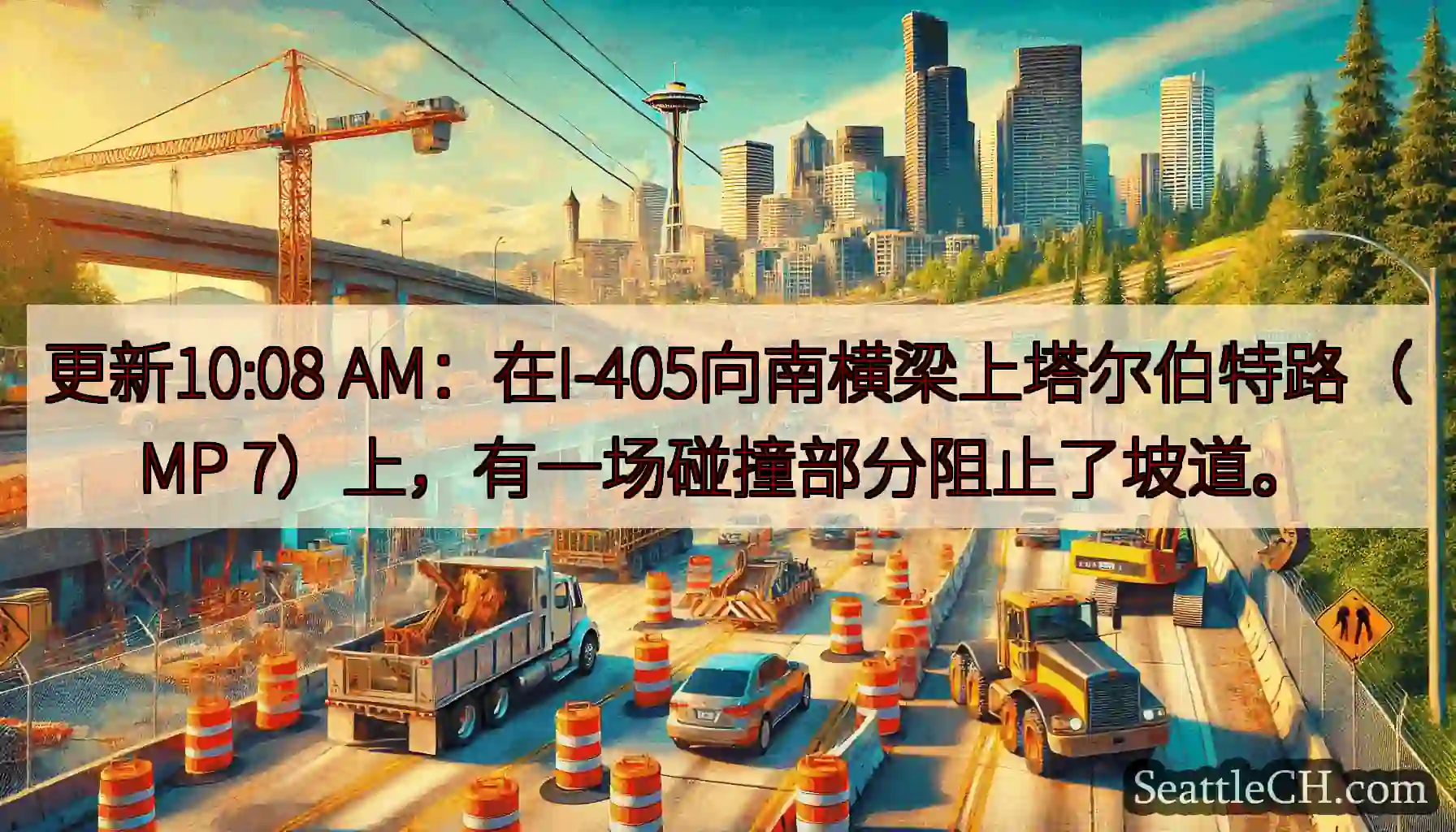 更新10:08 AM：在I-405向南横梁上塔尔伯特路（MP 7）上，有一场碰撞部分阻止了坡道。