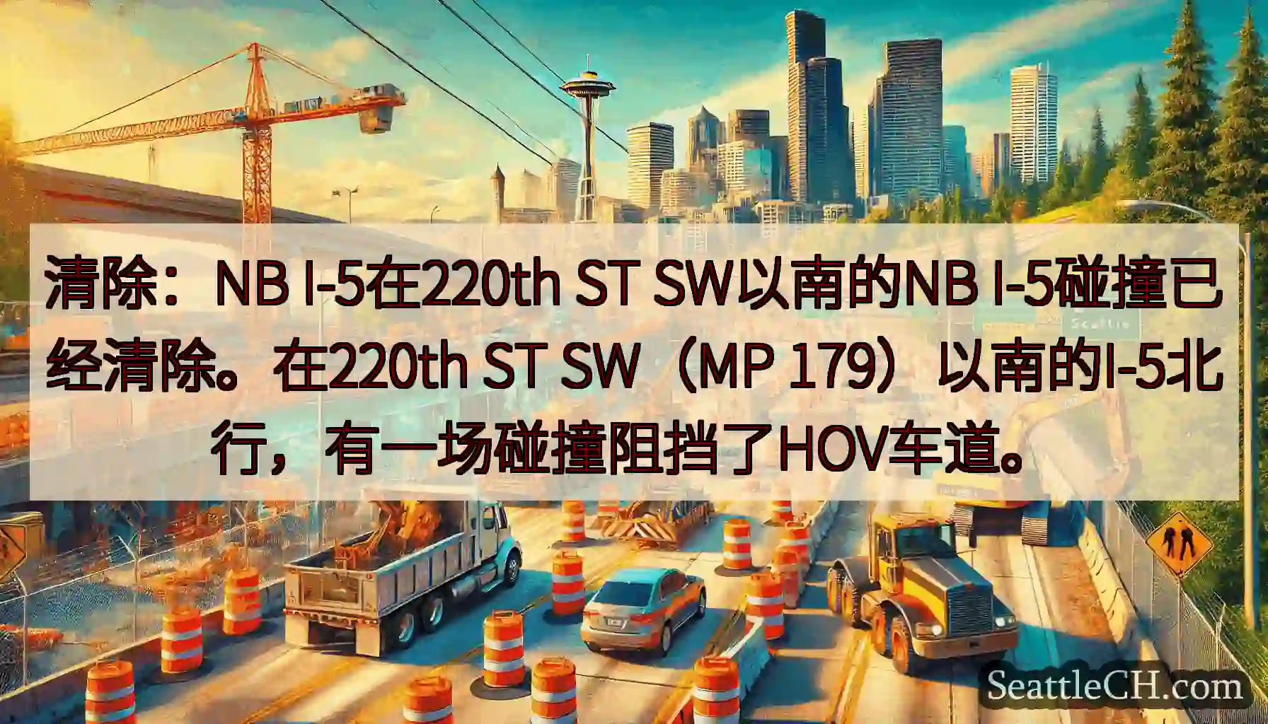 清除：NB I-5在220th ST SW以南的NB I-5碰撞已经清除。在220th ST
