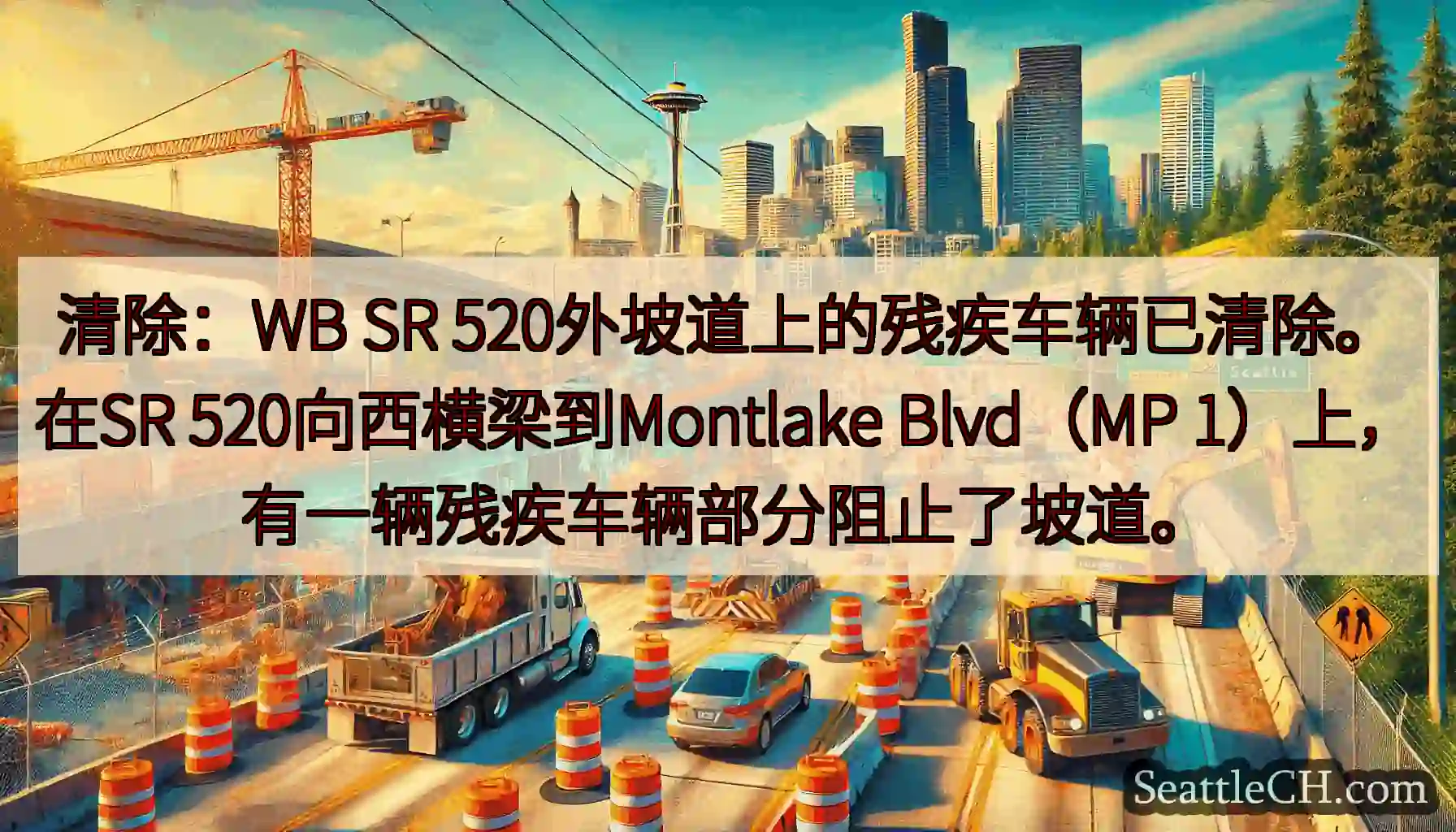 清除：WB SR 520外坡道上的残疾车辆已清除。在SR 520向西横梁到Montlake