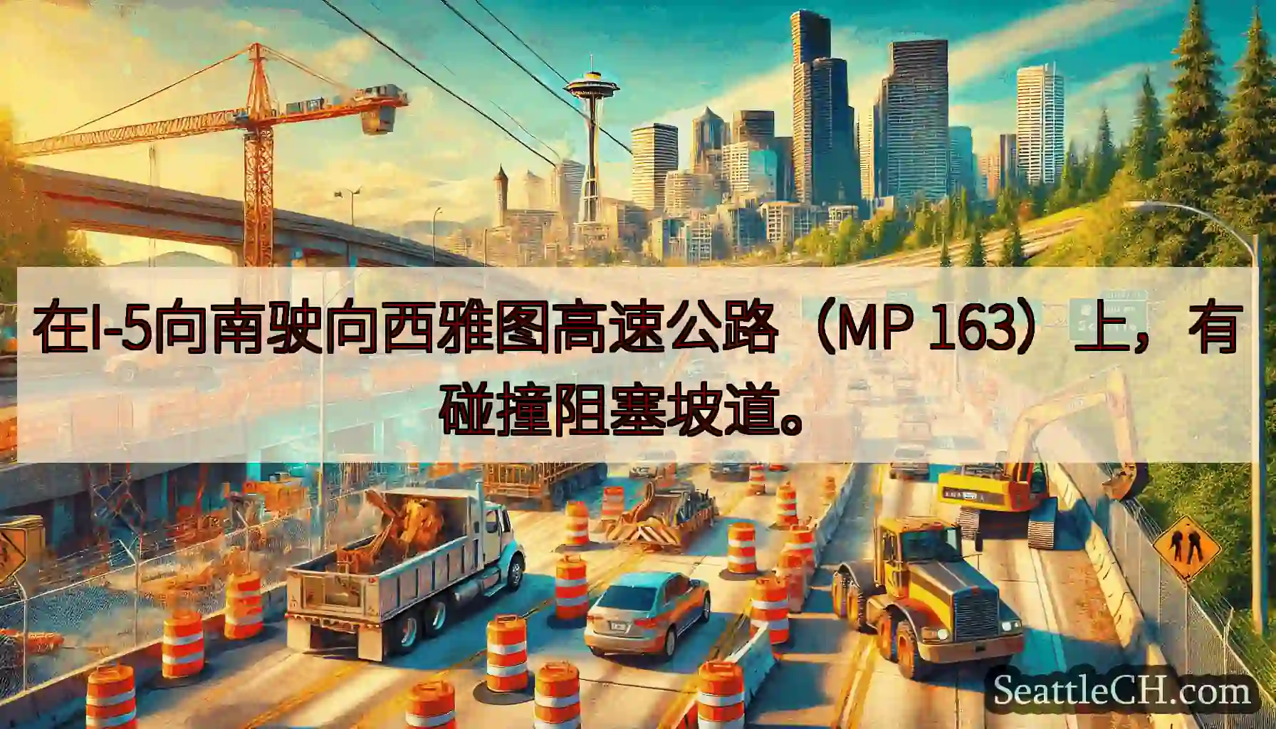 在I-5向南驶向西雅图高速公路（MP 163）上，有碰撞阻塞坡道。