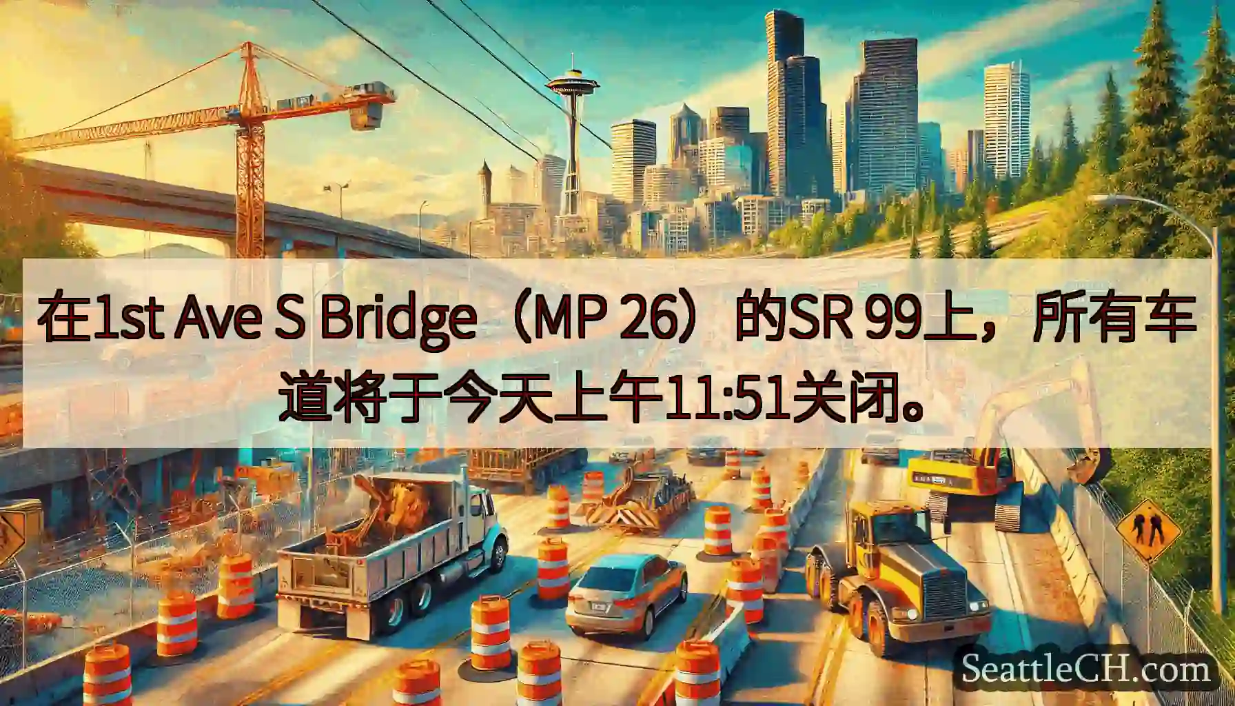 在1st Ave S Bridge（MP 26）的SR 99上，所有车道将于今天上午11:51关闭。