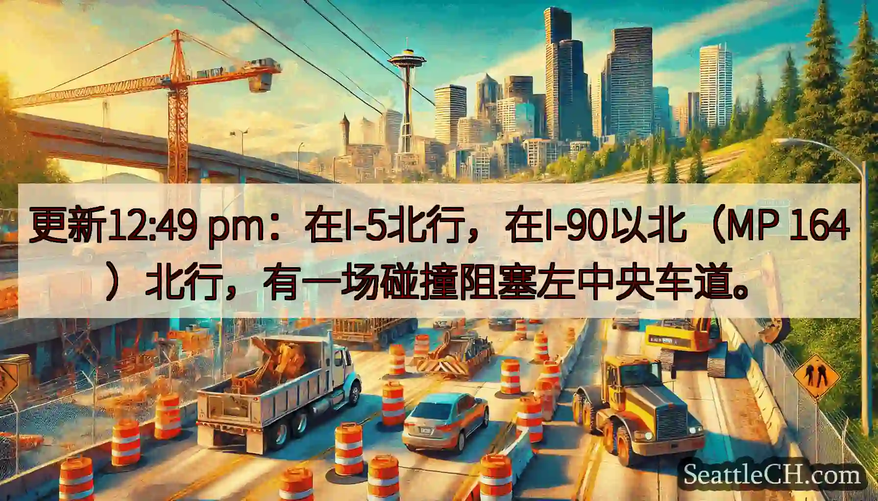 更新12:49 pm：在I-5北行，在I-90以北（MP 164）北行，有一场碰撞阻塞左中央车道。