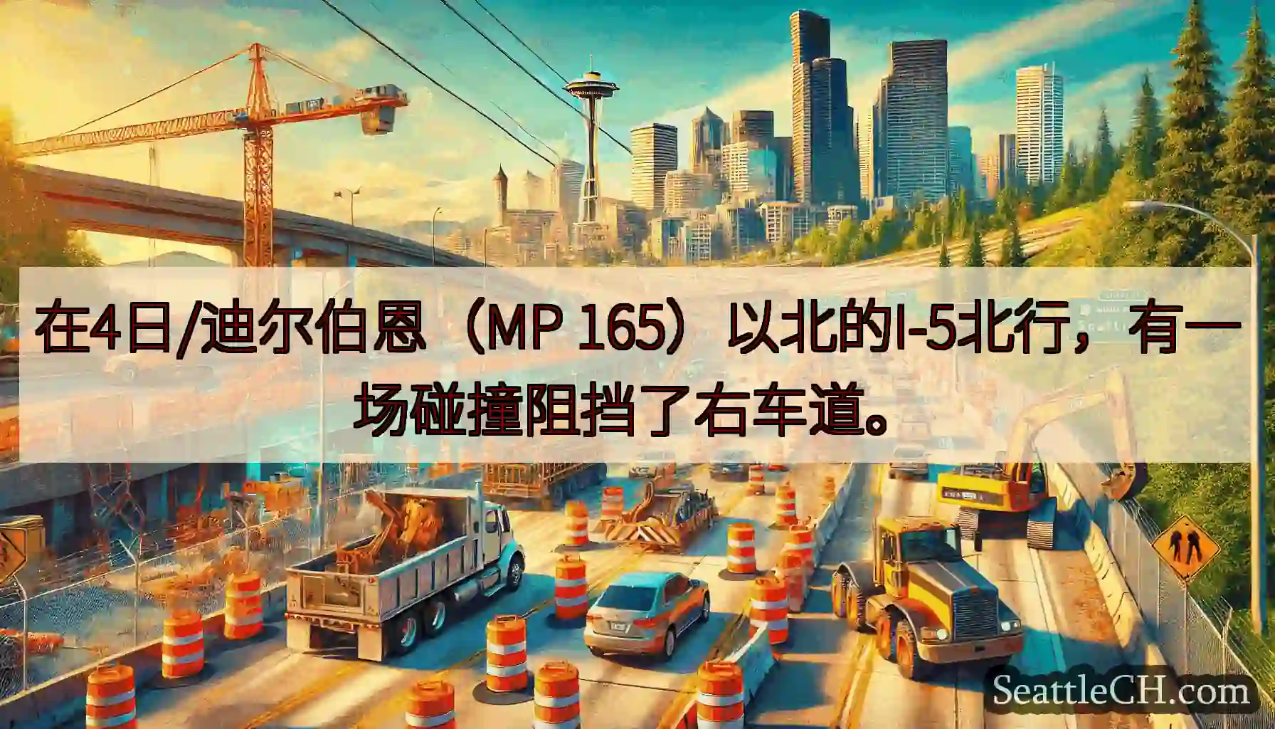 在4日/迪尔伯恩（MP 165）以北的I-5北行，有一场碰撞阻挡了右车道。
