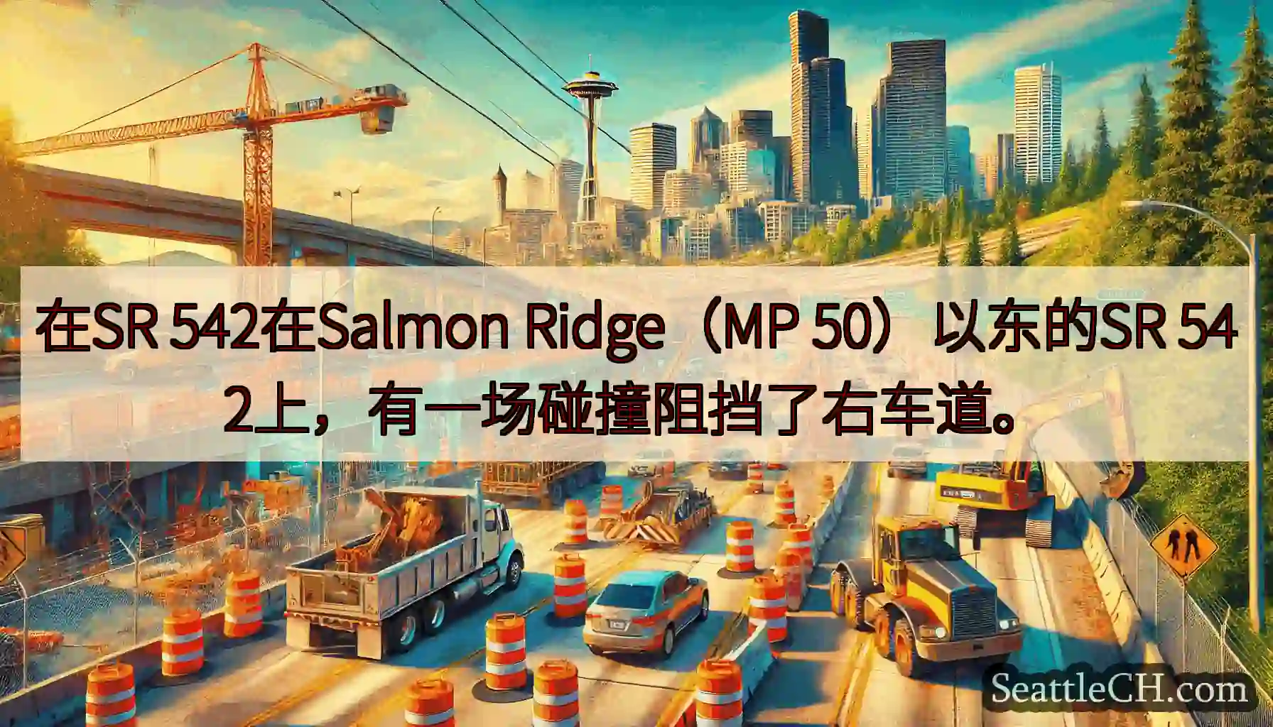 在SR 542在Salmon Ridge（MP 50）以东的SR 542上，有一场碰撞阻挡了右车道。
