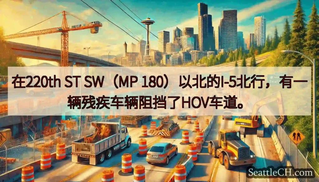在220th ST SW（MP 180）以北的I-5北行，有一辆残疾车辆阻挡了HOV车道。
