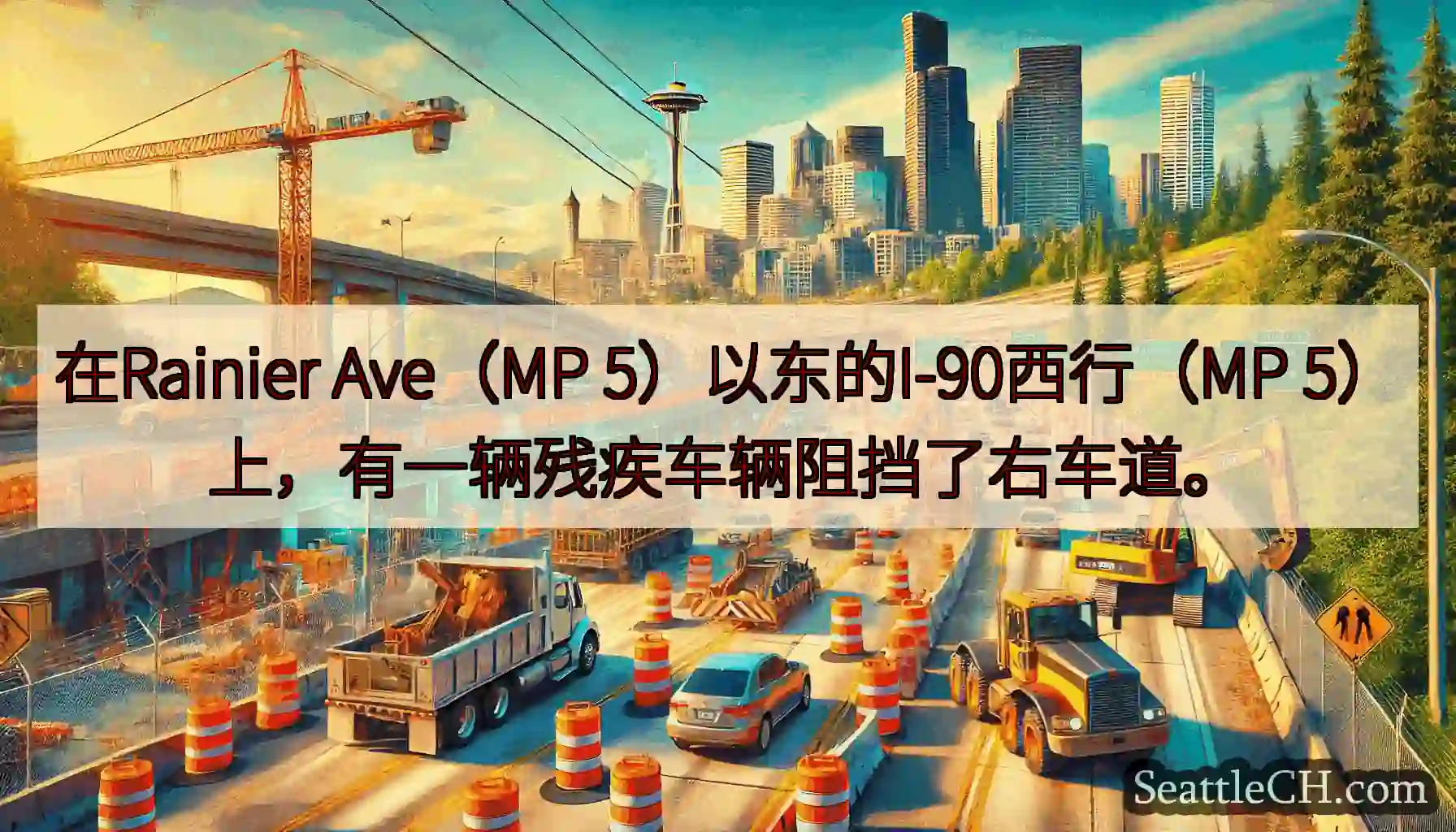 在Rainier Ave（MP 5）以东的I-90西行（MP 5）上，有一辆残疾车辆阻挡了右车道。