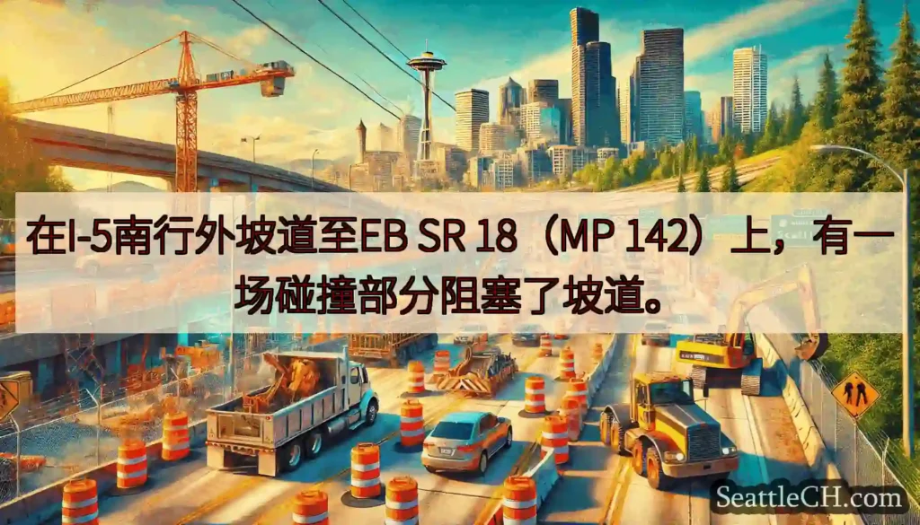 在I-5南行外坡道至EB SR 18（MP 142）上，有一场碰撞部分阻塞了坡道。