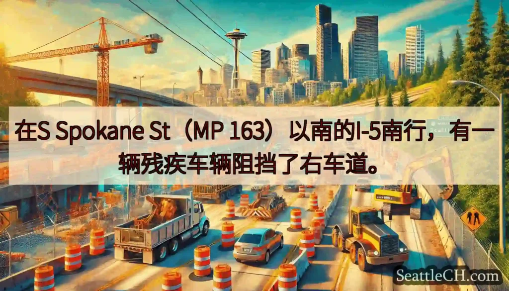 在S Spokane St（MP 163）以南的I-5南行，有一辆残疾车辆阻挡了右车道。