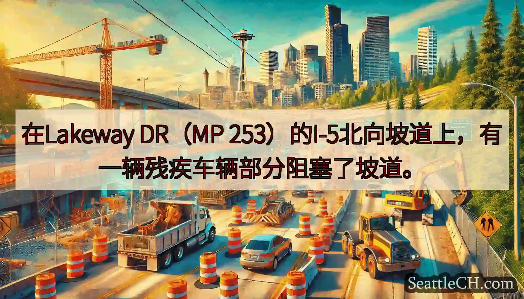 在Lakeway DR（MP 253）的I-5北向坡道上，有一辆残疾车辆部分阻塞了坡道。