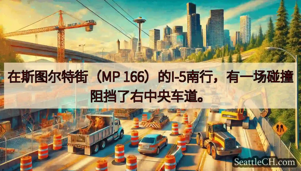在斯图尔特街（MP 166）的I-5南行，有一场碰撞阻挡了右中央车道。