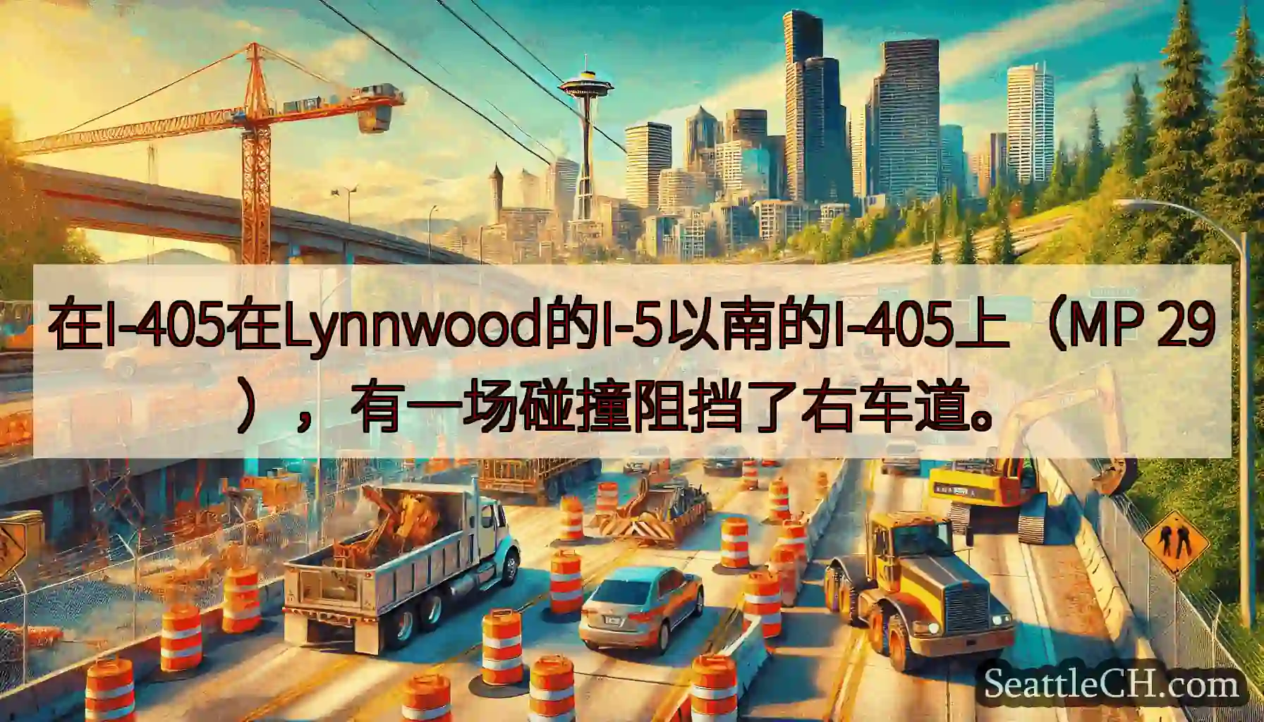 在I-405在Lynnwood的I-5以南的I-405上（MP 29），有一场碰撞阻挡了右车道。