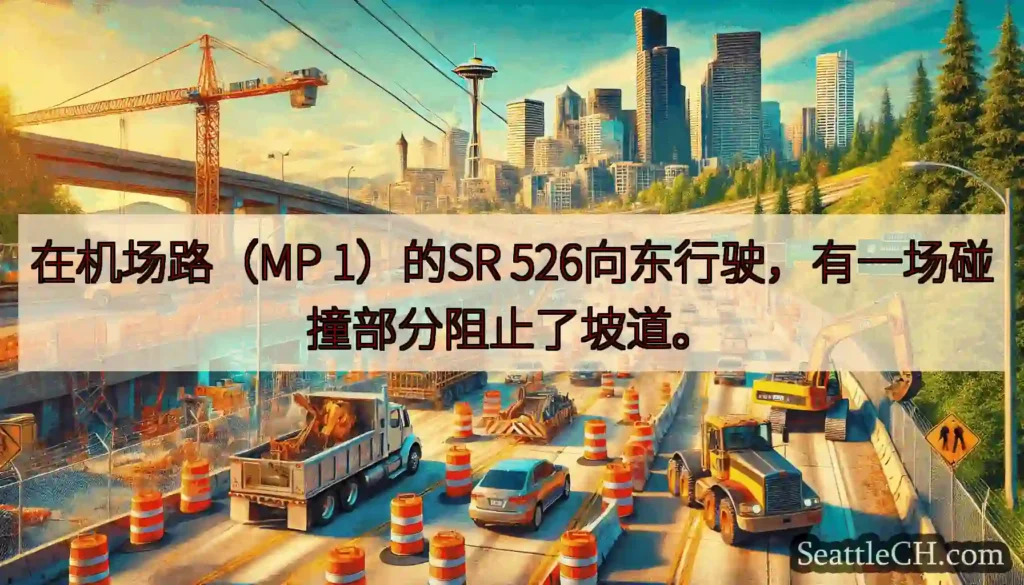 在机场路（MP 1）的SR 526向东行驶，有一场碰撞部分阻止了坡道。