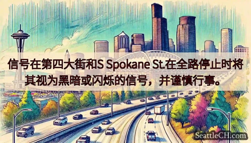 信号在第四大街和S Spokane St.在全路停止时将其视为黑暗或闪烁的信号，并谨慎行事。
