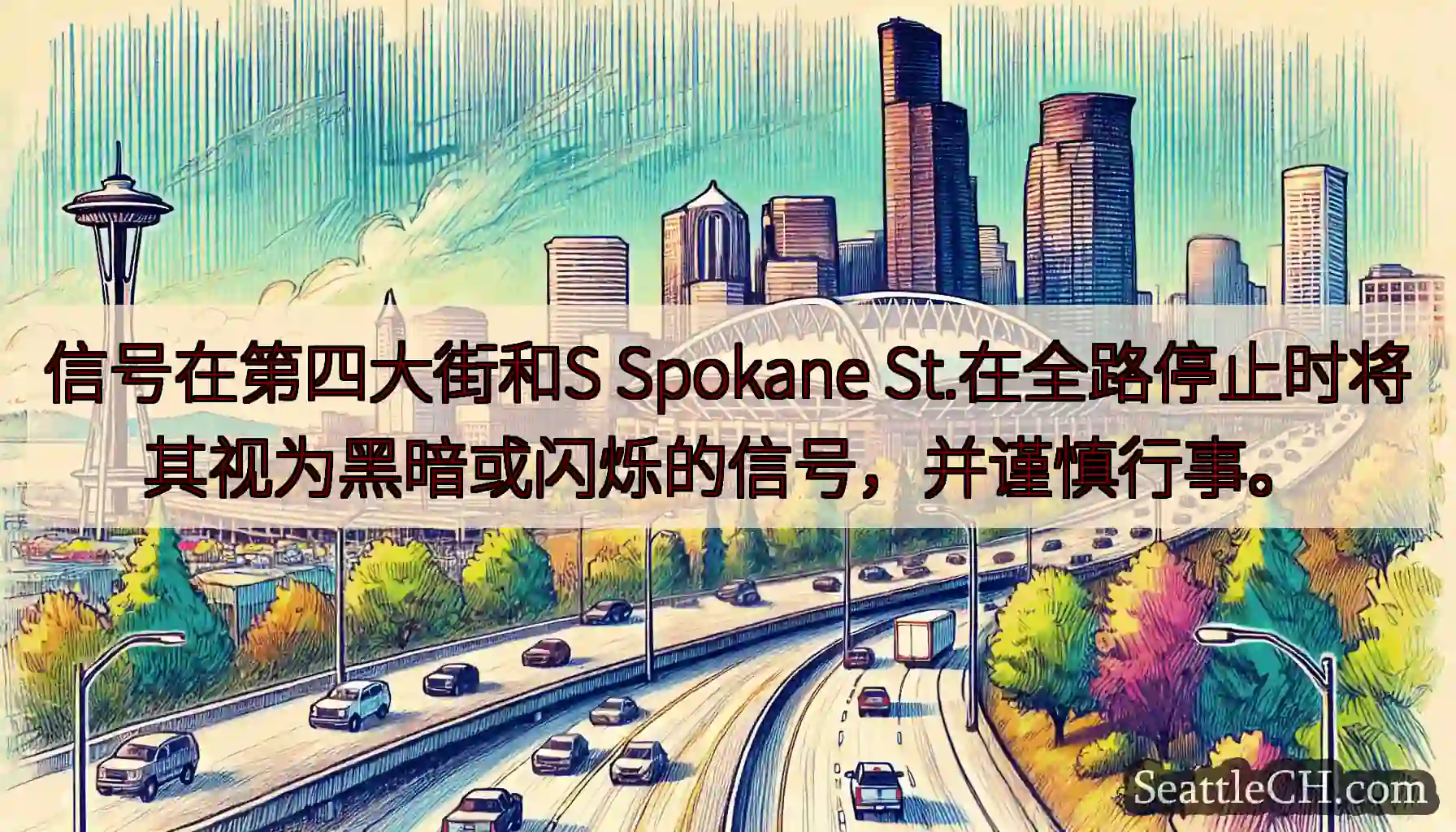 信号在第四大街和S Spokane St.在全路停止时将其视为黑暗或闪烁的信号，并谨慎行事。