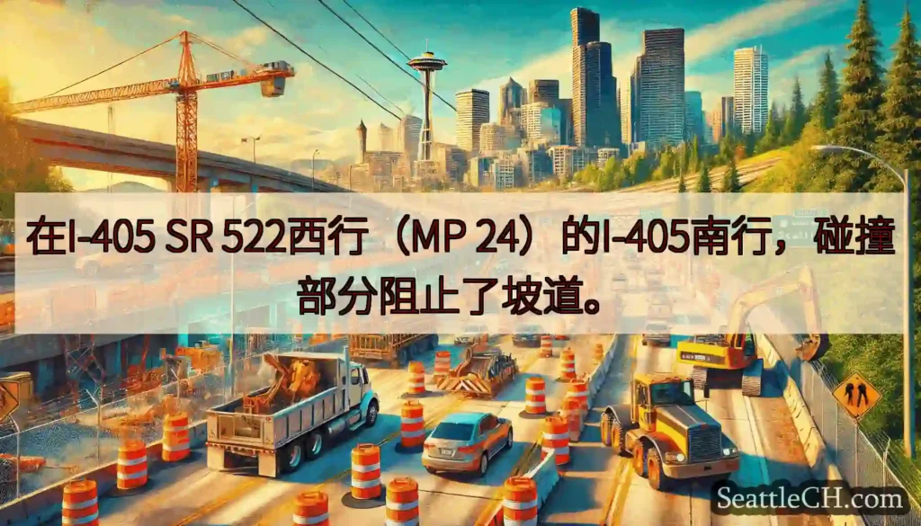 在I-405 SR 522西行（MP 24）的I-405南行，碰撞部分阻止了坡道。