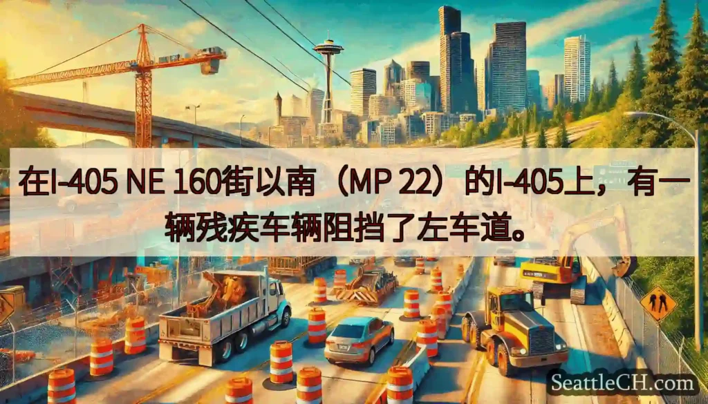 在I-405 NE 160街以南（MP 22）的I-405上，有一辆残疾车辆阻挡了左车道。