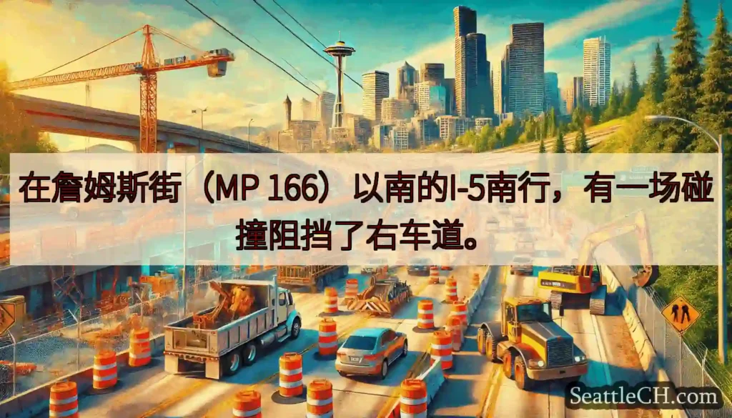 在詹姆斯街（MP 166）以南的I-5南行，有一场碰撞阻挡了右车道。