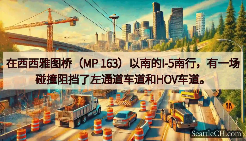 在西西雅图桥（MP 163）以南的I-5南行，有一场碰撞阻挡了左通道车道和HOV车道。