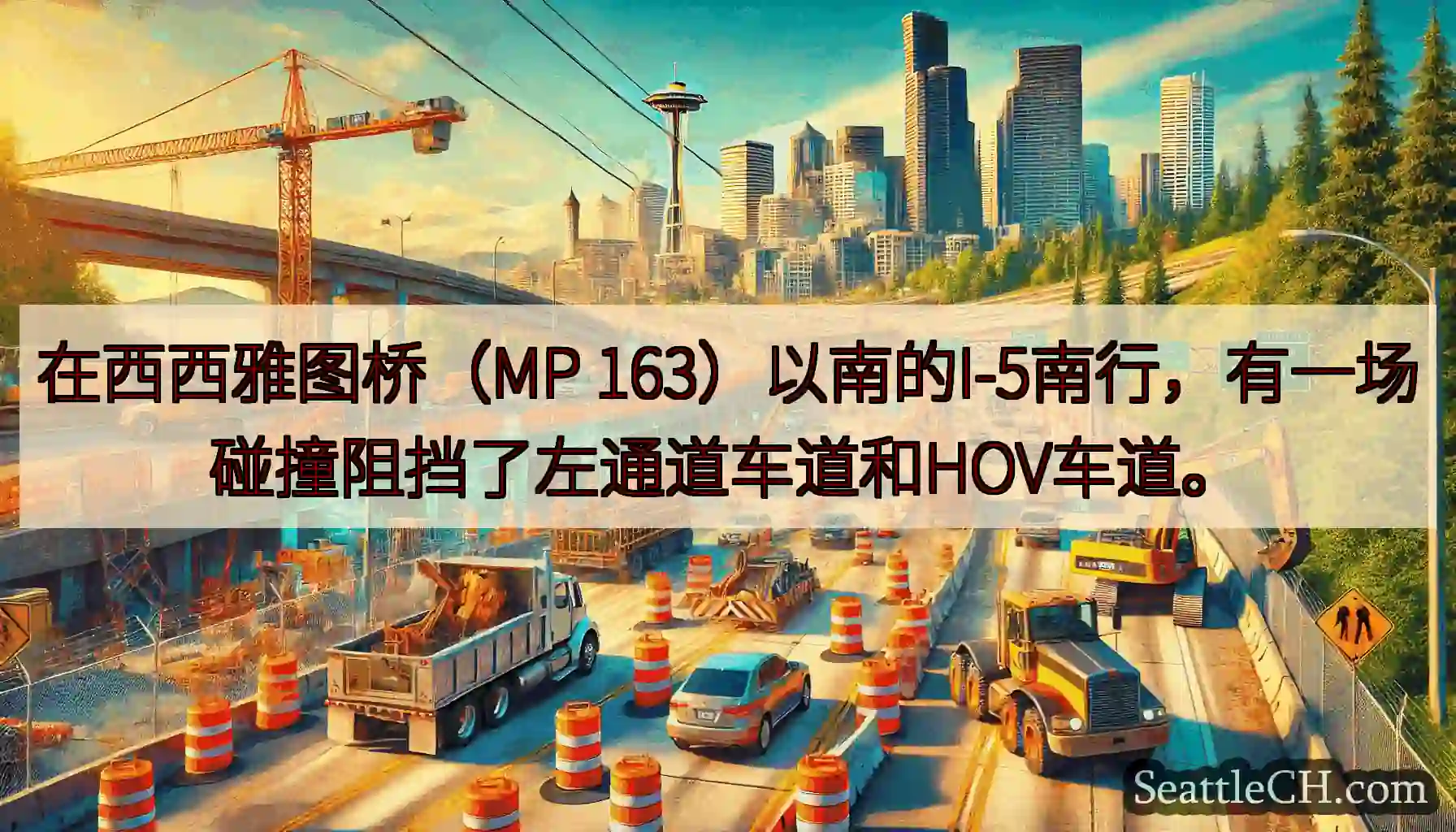 在西西雅图桥（MP 163）以南的I-5南行，有一场碰撞阻挡了左通道车道和HOV车道。