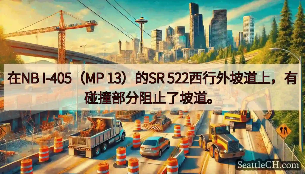 在NB I-405（MP 13）的SR 522西行外坡道上，有碰撞部分阻止了坡道。