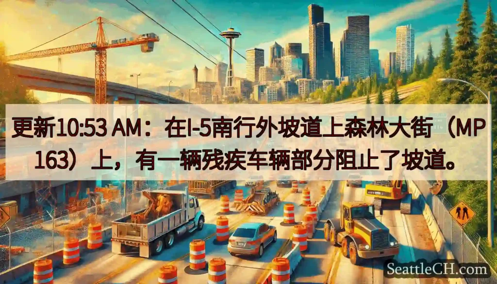 更新10:53 AM：在I-5南行外坡道上森林大街（MP 163）上，有一辆残疾车辆部分阻止了坡道。