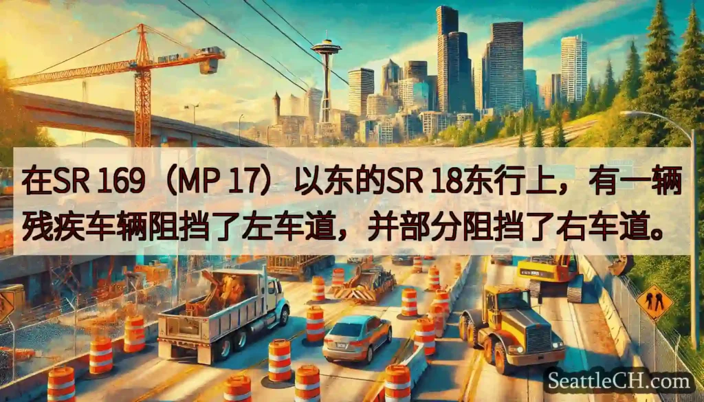 在SR 169（MP 17）以东的SR 18东行上，有一辆残疾车辆阻挡了左车道，并部分阻挡了右车道。