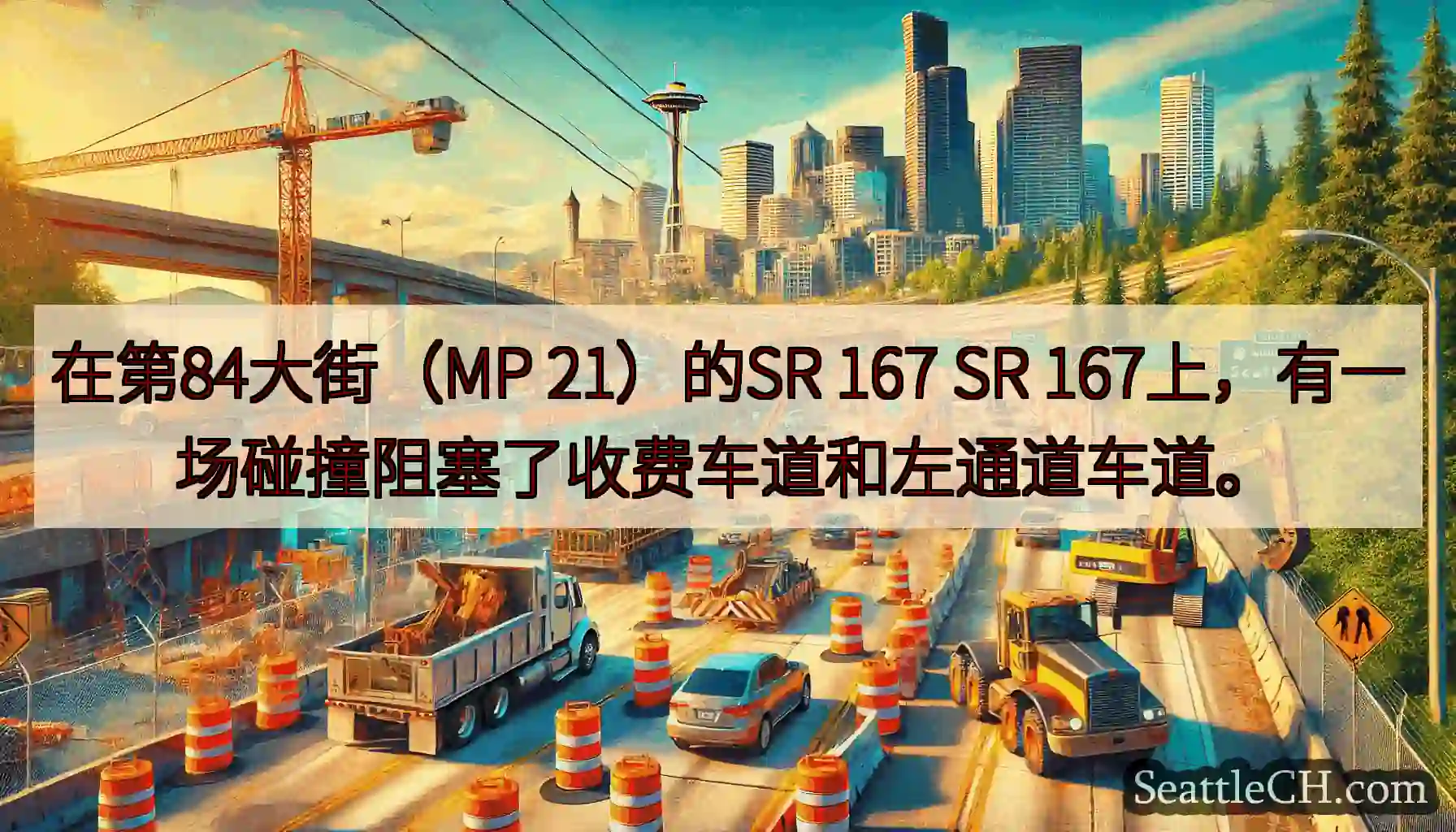 在第84大街（MP 21）的SR 167 SR 167上，有一场碰撞阻塞了收费车道和左通道车道。
