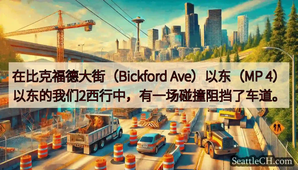 在比克福德大街（Bickford Ave）以东（MP 4）以东的我们2西行中，有一场碰撞阻挡了车道。