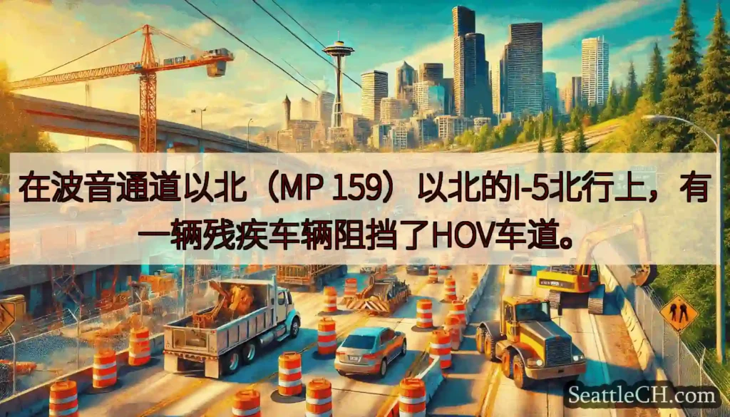 在波音通道以北（MP 159）以北的I-5北行上，有一辆残疾车辆阻挡了HOV车道。