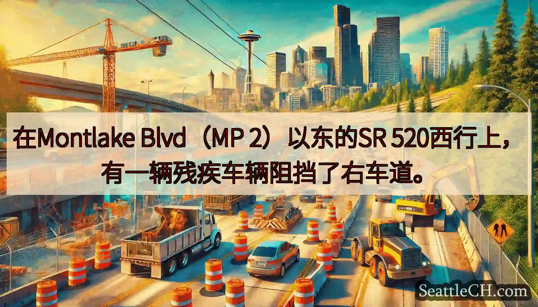 在Montlake Blvd（MP 2）以东的SR 520西行上，有一辆残疾车辆阻挡了右车道。