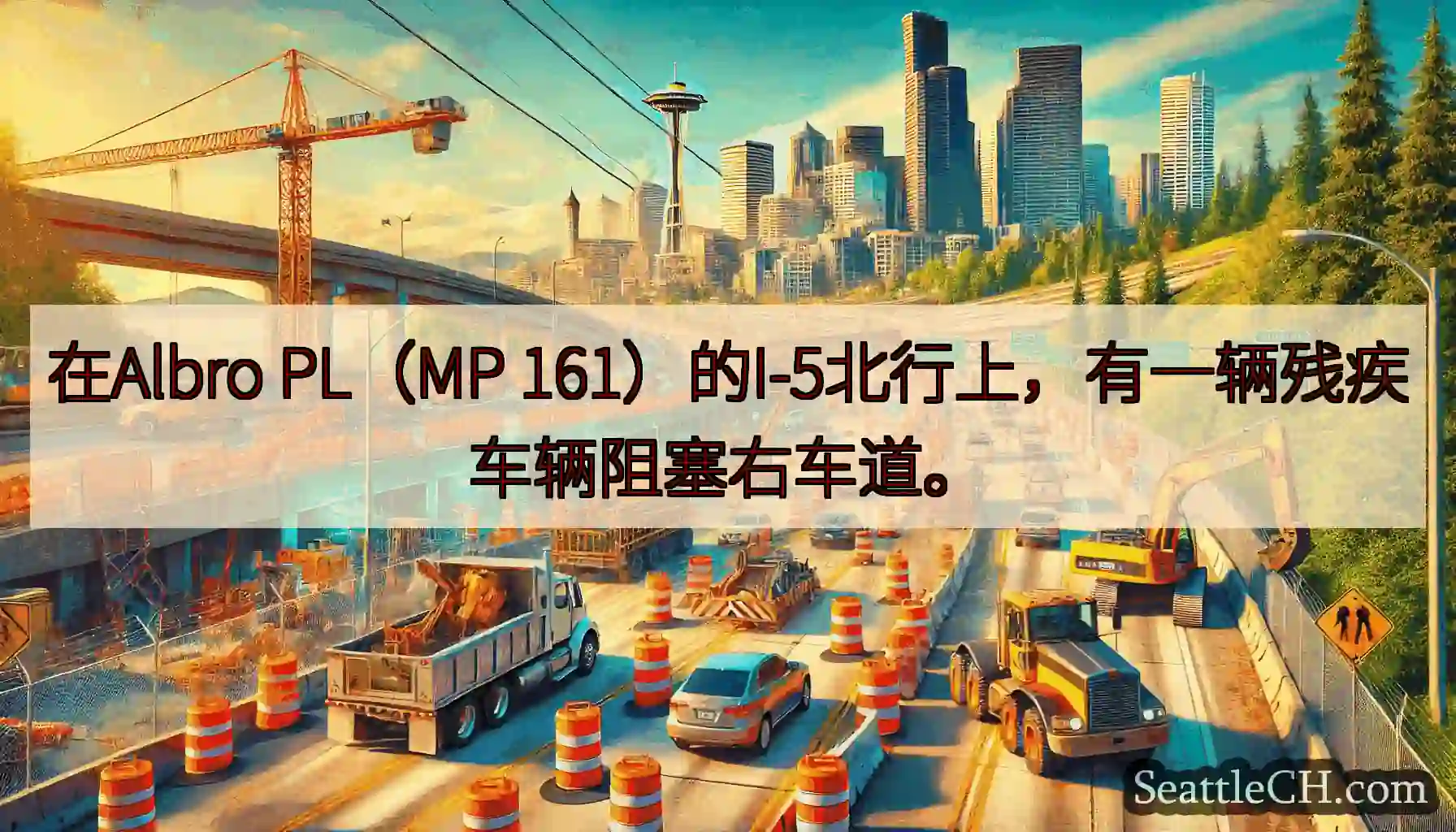 在Albro PL（MP 161）的I-5北行上，有一辆残疾车辆阻塞右车道。