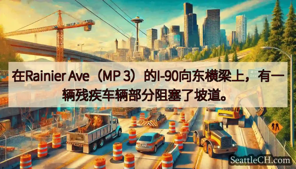 在Rainier Ave（MP 3）的I-90向东横梁上，有一辆残疾车辆部分阻塞了坡道。