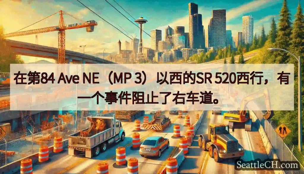 在第84 Ave NE（MP 3）以西的SR 520西行，有一个事件阻止了右车道。