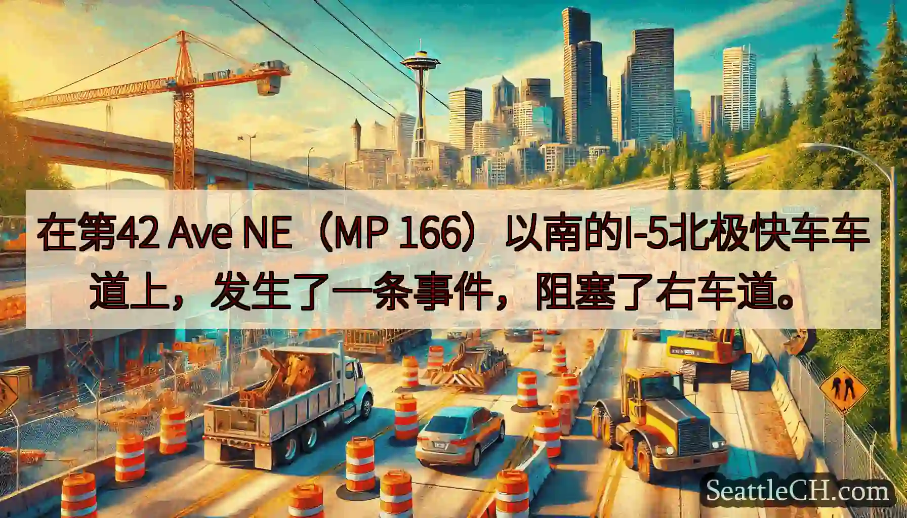 在第42 Ave NE（MP 166）以南的I-5北极快车车道上，发生了一条事件，阻塞了右车道。