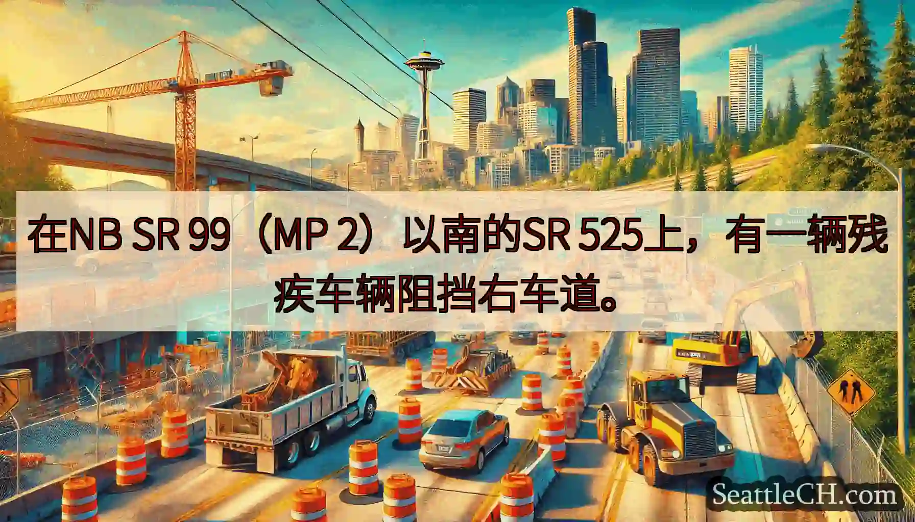 在NB SR 99（MP 2）以南的SR 525上，有一辆残疾车辆阻挡右车道。