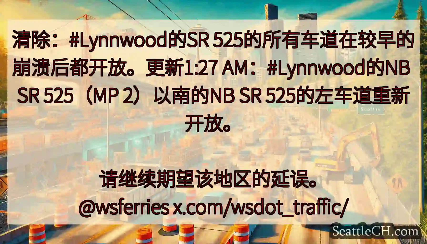 清除：#Lynnwood的SR 525的所有车道在较早的崩溃后都开放。更新1:27