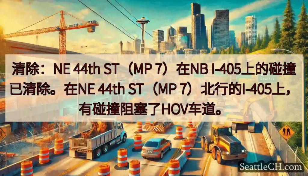 清除：NE 44th ST（MP 7）在NB I-405上的碰撞已清除。在NE 44th