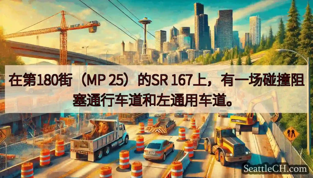 在第180街（MP 25）的SR 167上，有一场碰撞阻塞通行车道和左通用车道。