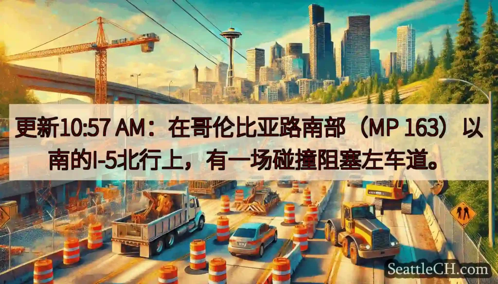 更新10:57 AM：在哥伦比亚路南部（MP 163）以南的I-5北行上，有一场碰撞阻塞左车道。
