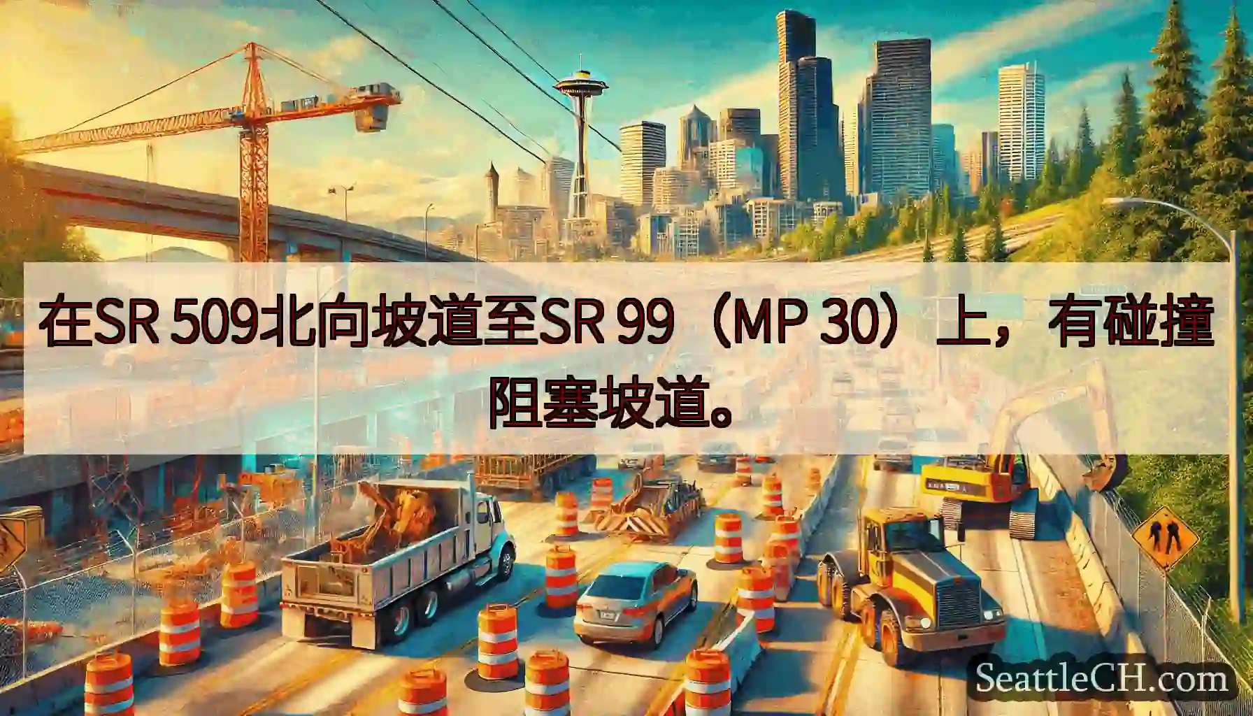 在SR 509北向坡道至SR 99（MP 30）上，有碰撞阻塞坡道。