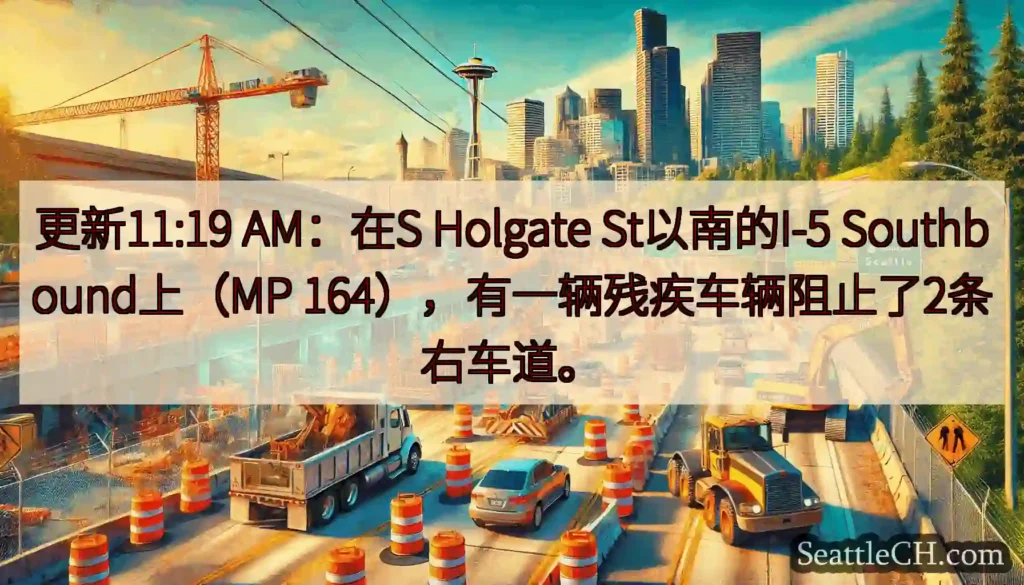 更新11:19 AM：在S Holgate St以南的I-5 Southbound上（MP