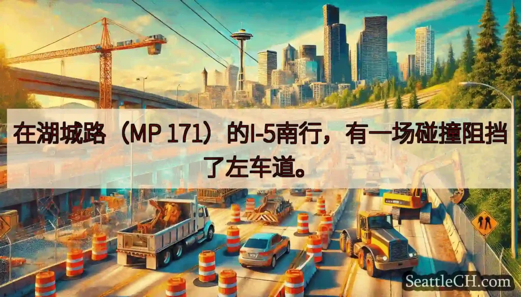 在湖城路（MP 171）的I-5南行，有一场碰撞阻挡了左车道。