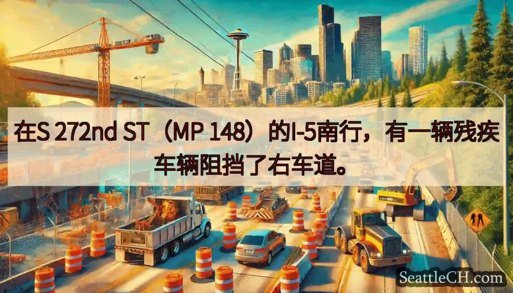 在S 272nd ST（MP 148）的I-5南行，有一辆残疾车辆阻挡了右车道。