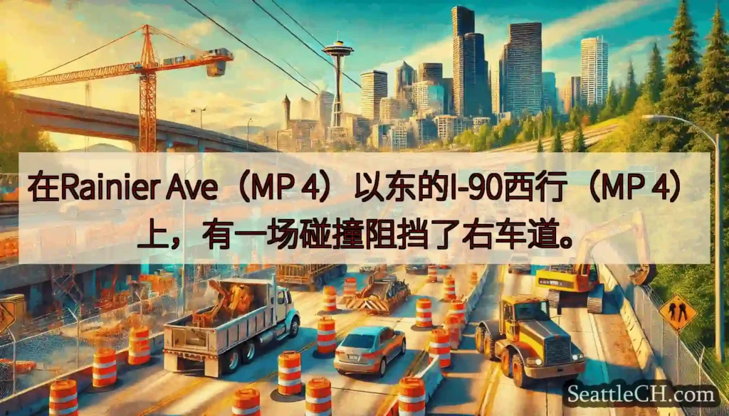 在Rainier Ave（MP 4）以东的I-90西行（MP 4）上，有一场碰撞阻挡了右车道。