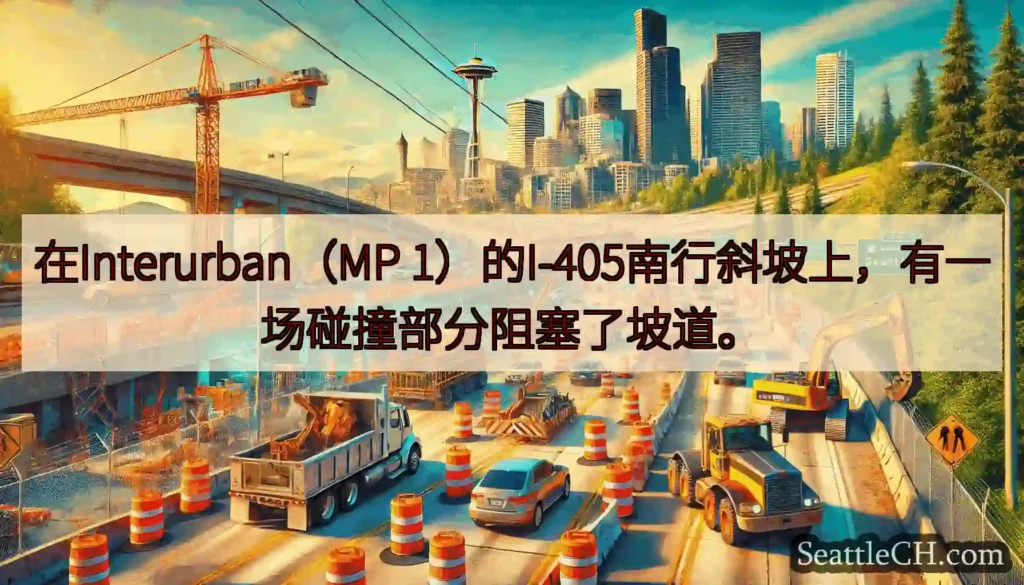 在Interurban（MP 1）的I-405南行斜坡上，有一场碰撞部分阻塞了坡道。