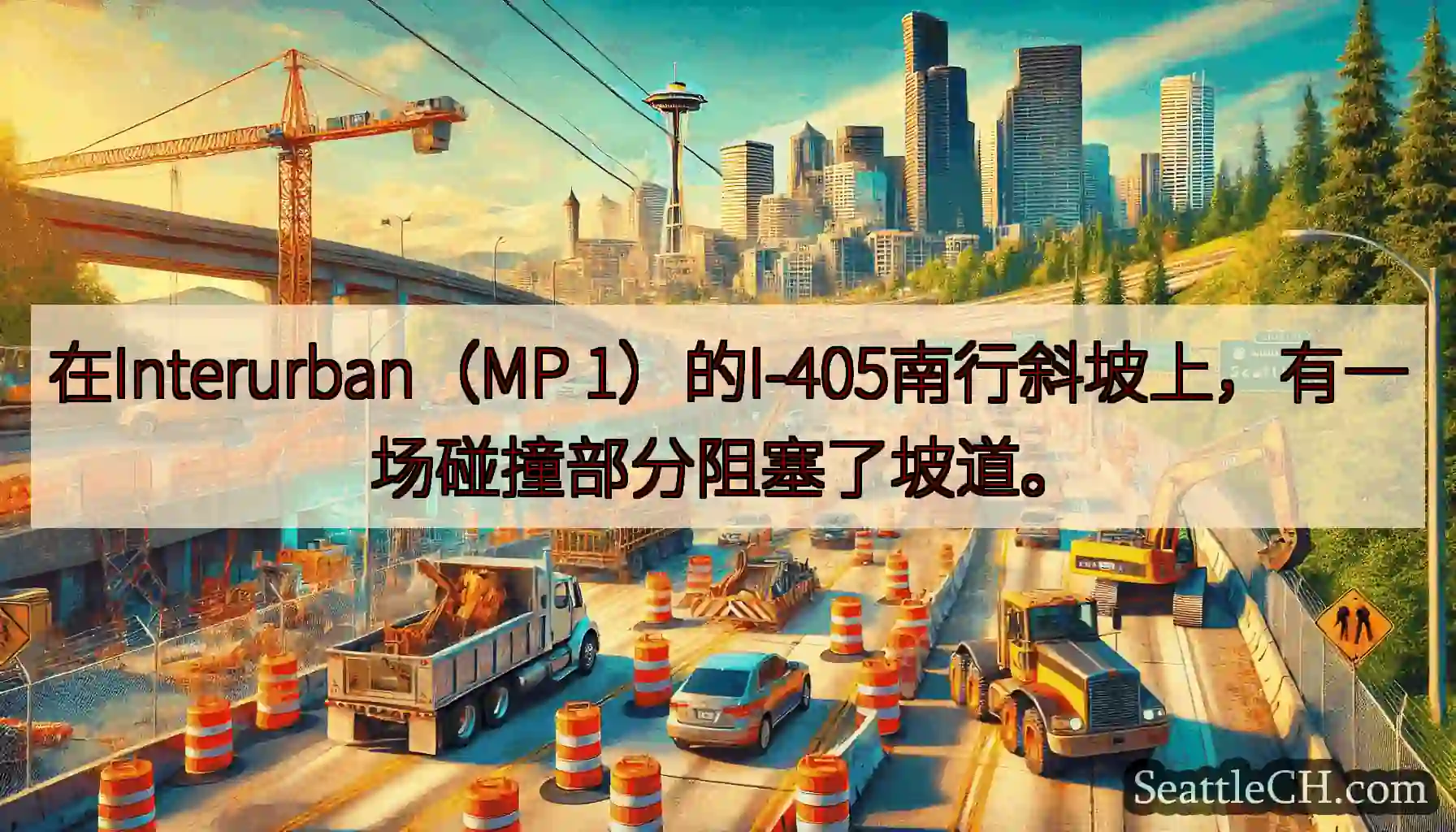 在Interurban（MP 1）的I-405南行斜坡上，有一场碰撞部分阻塞了坡道。