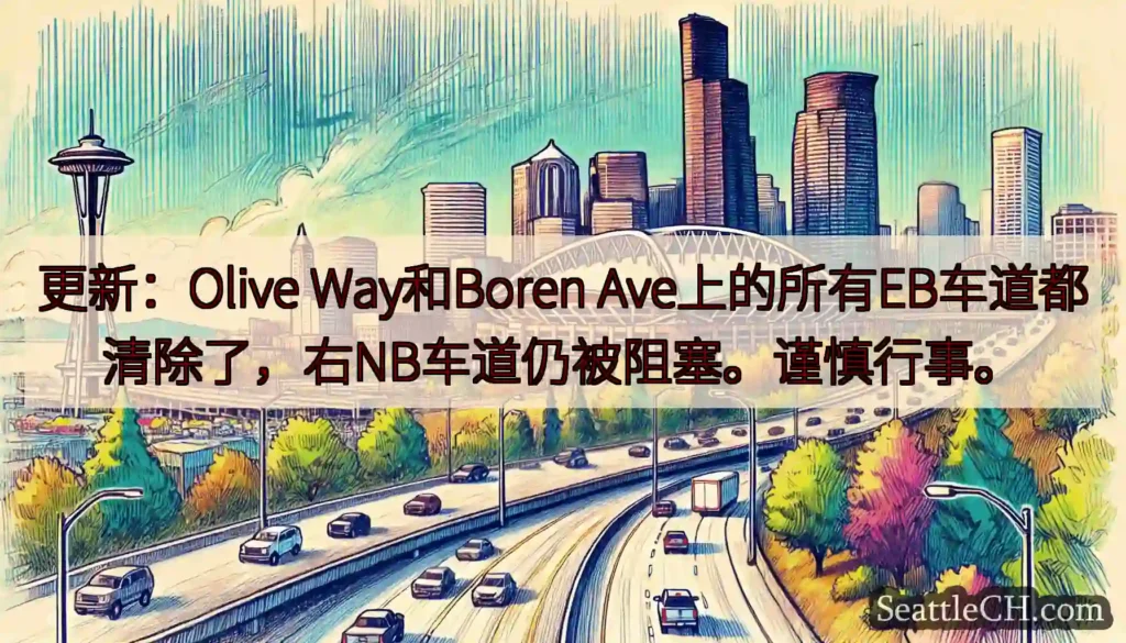 更新：Olive Way和Boren Ave上的所有EB车道都清除了，右NB车道仍被阻塞。谨慎行事。