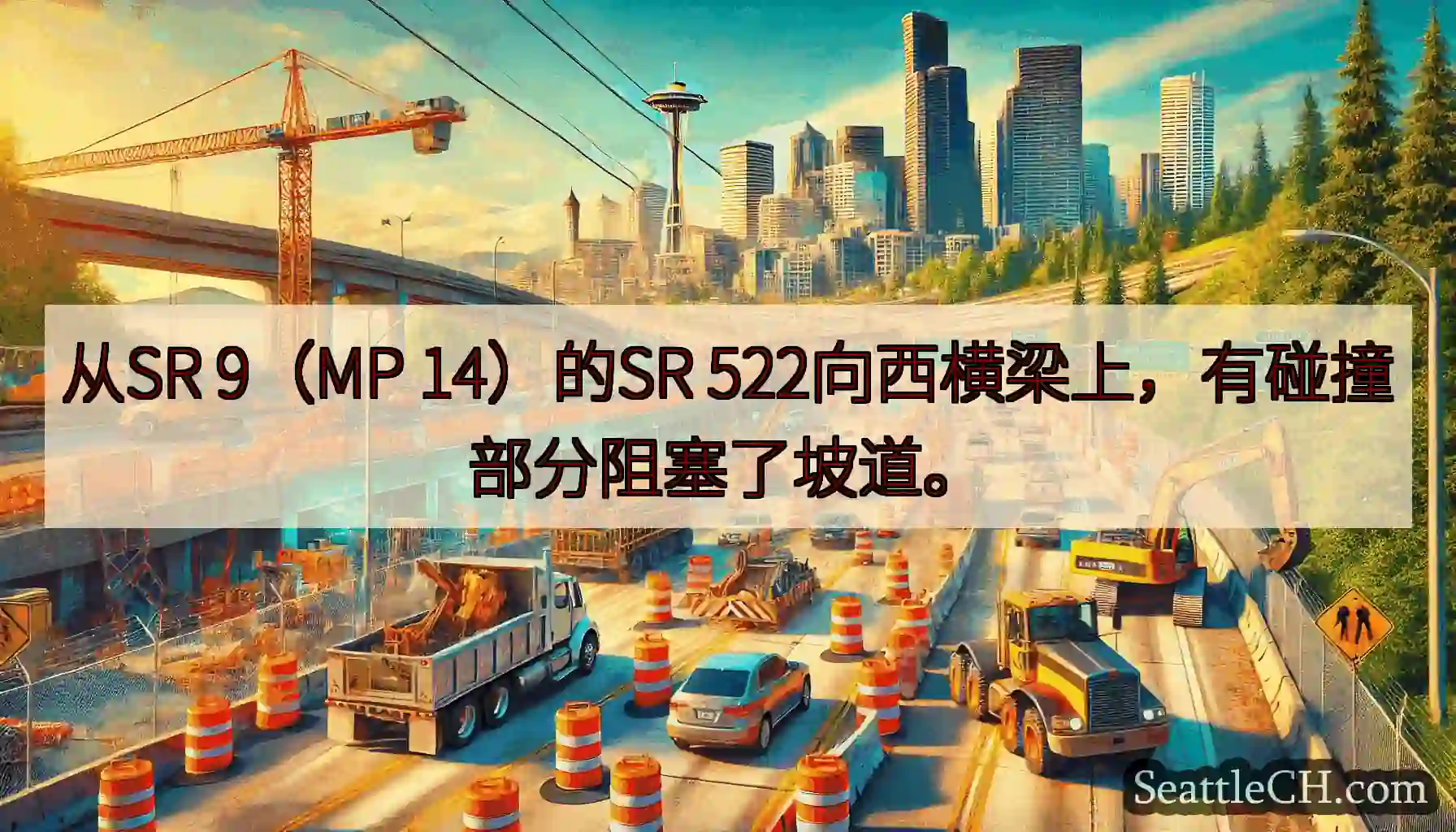 从SR 9（MP 14）的SR 522向西横梁上，有碰撞部分阻塞了坡道。